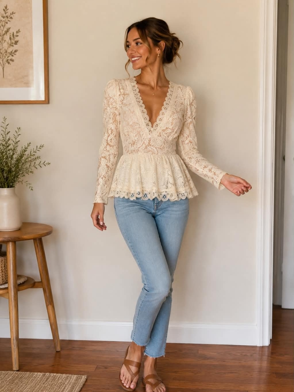 Flying Tomato Cream Lace Peplum Top